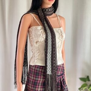 Brown Geometric Open Knit Fringe Rectangular Scarf Wrap Boho Whimsygoth Gypsy